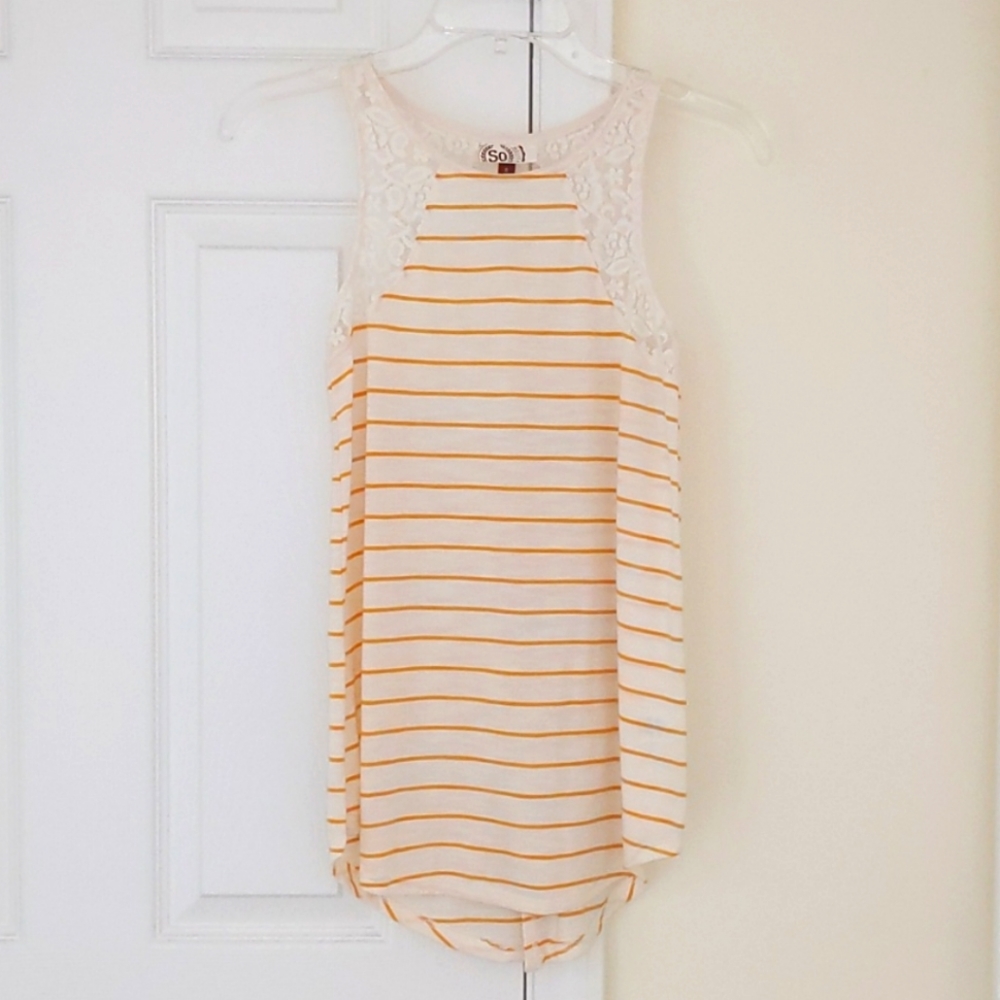 So, small, lace detailed, yellow stripe ,tank top